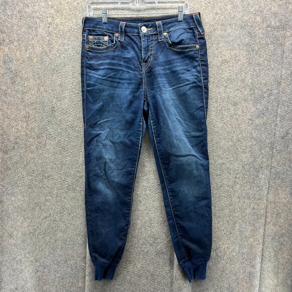 True Religion Jeans Womens 28 Dark Blue Washed Denim Jogger Cotton Straight VTG - Picture 1 of 12